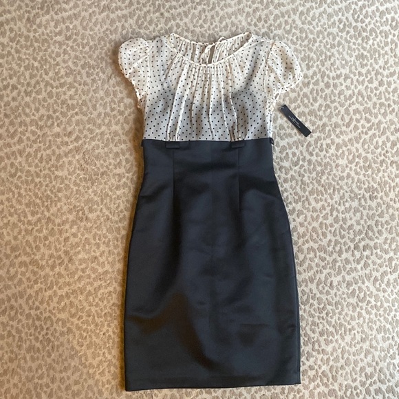 NWT Tahari ASL Helene Black & White Polkadot Sheer Top Mini Sheath Dress, size 6 - Picture 1 of 12